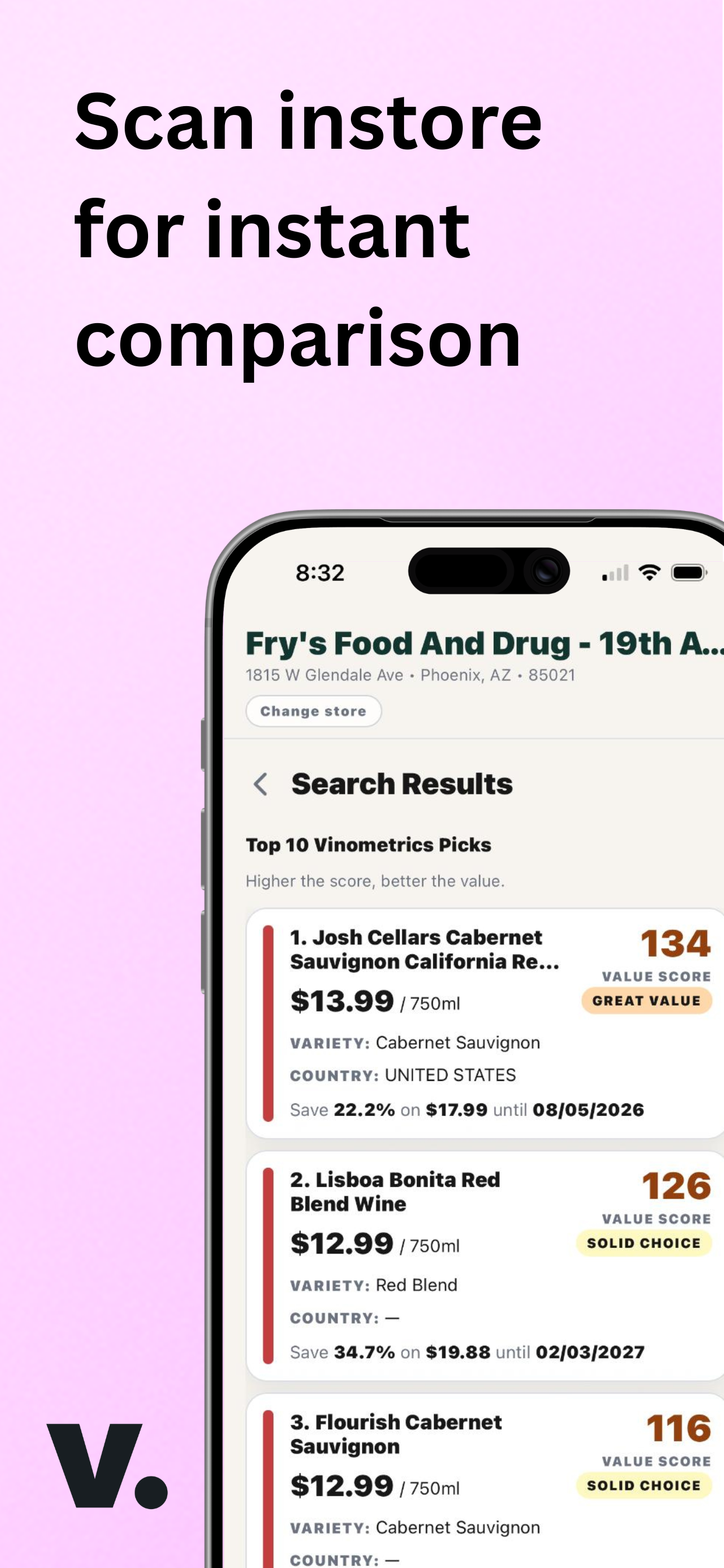 Vinometrics screenshot showing instant in-store search comparison results.