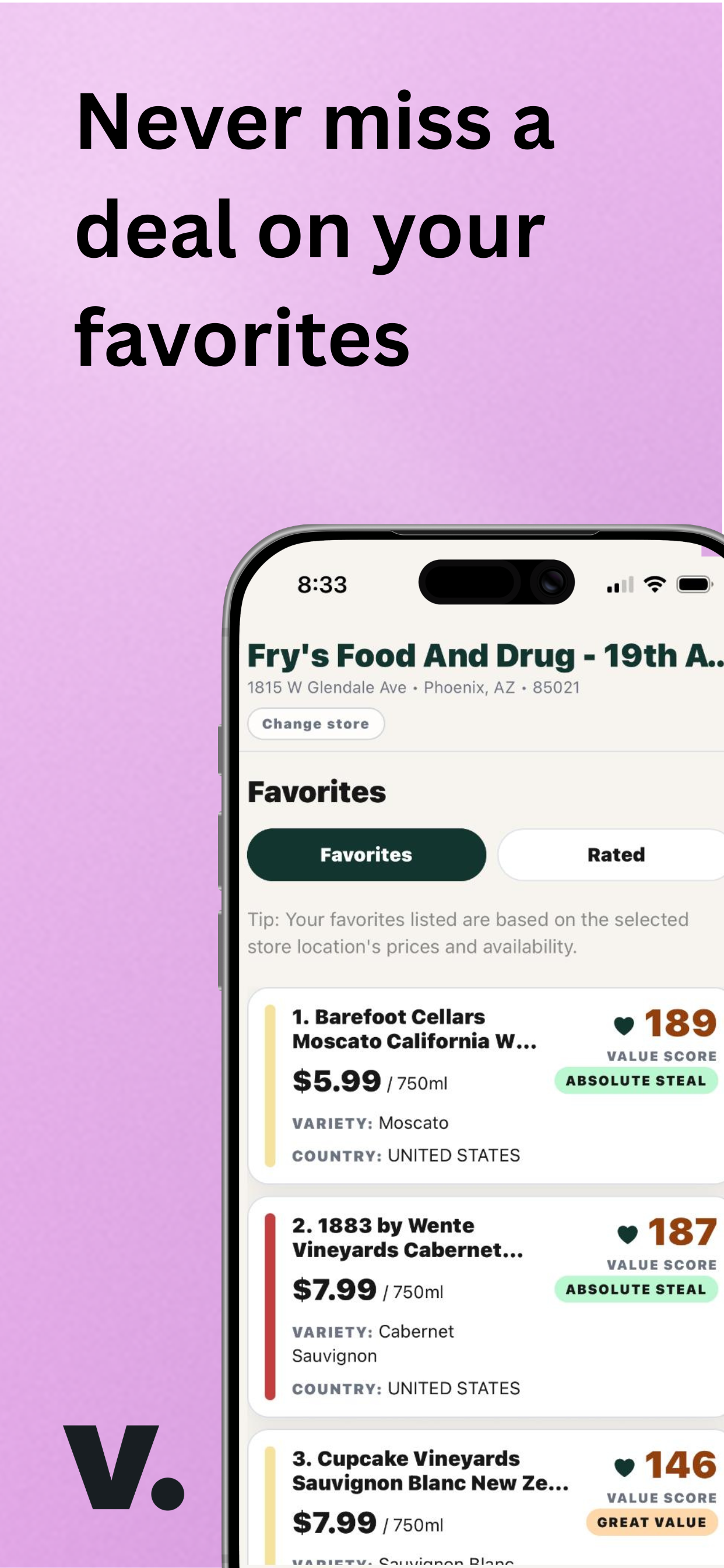 Vinometrics screenshot showing favourites and saved wine deals.
