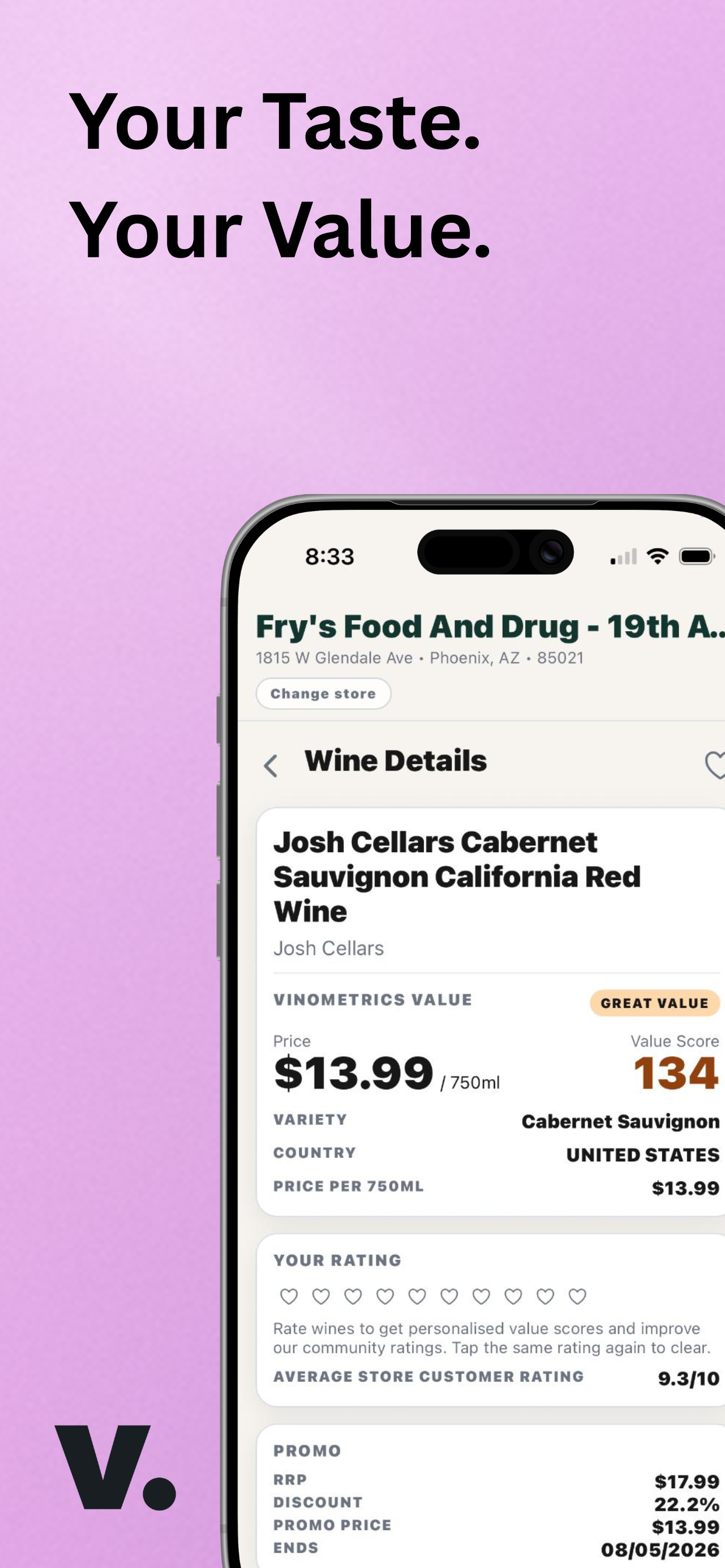 Vinometrics screenshot showing wine search and browsing flow.
