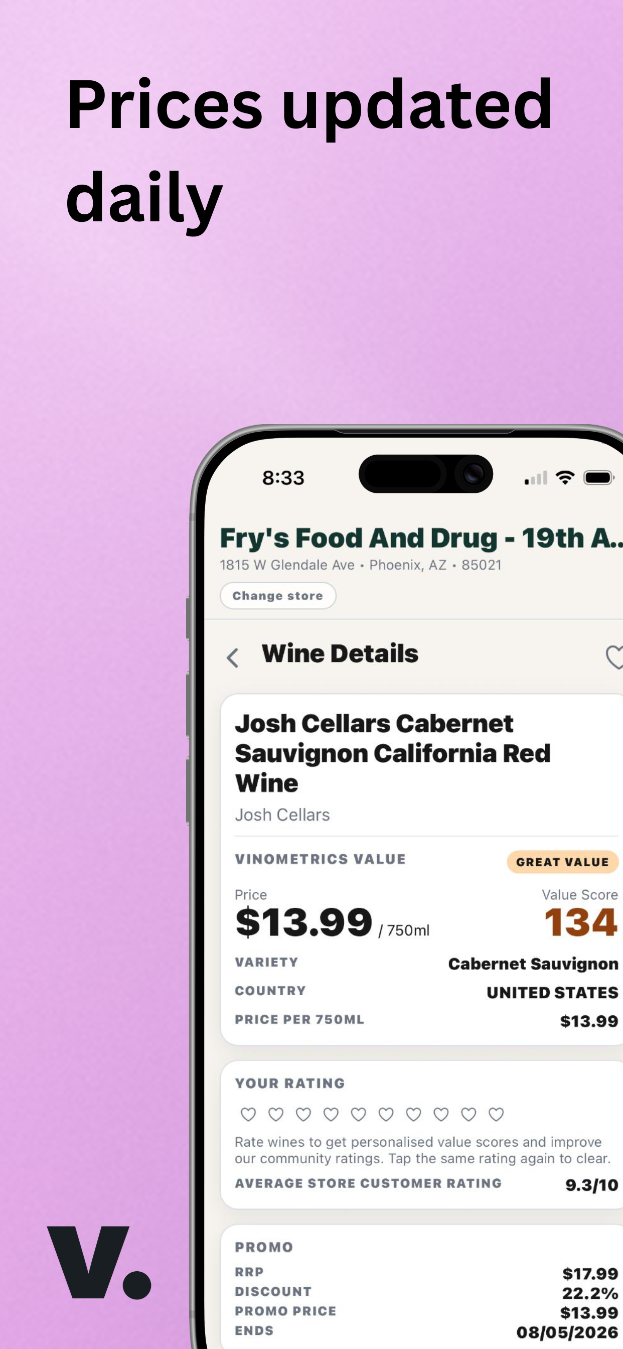 Vinometrics screenshot showing wine details and recommendation information.